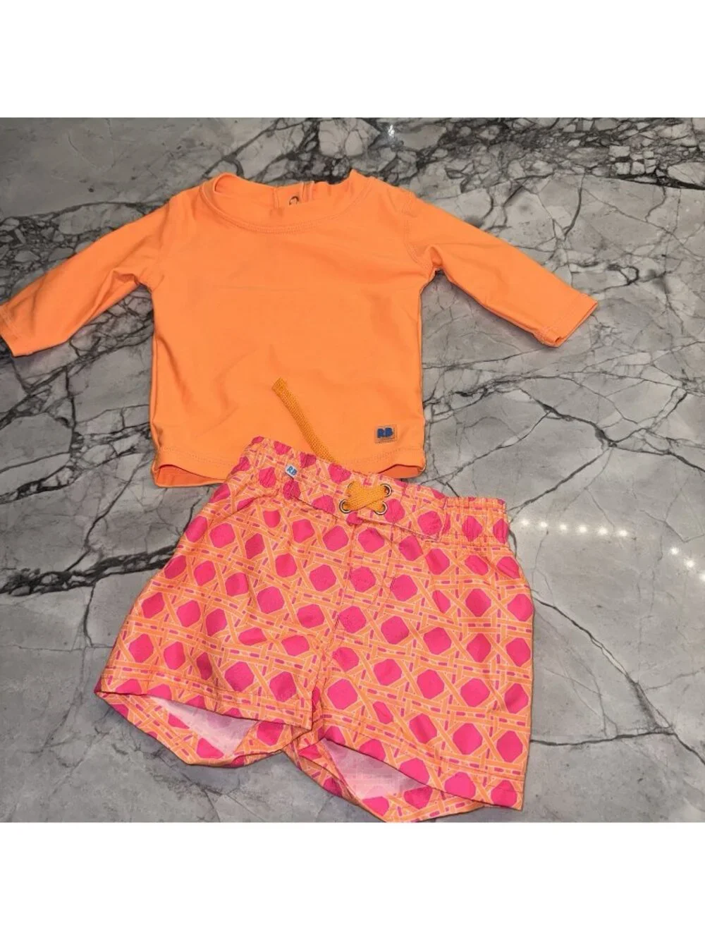 Rugged Butts Baby Boys 0-3 Months Pink Orange Swim Suit Set Trunks Rash Guard